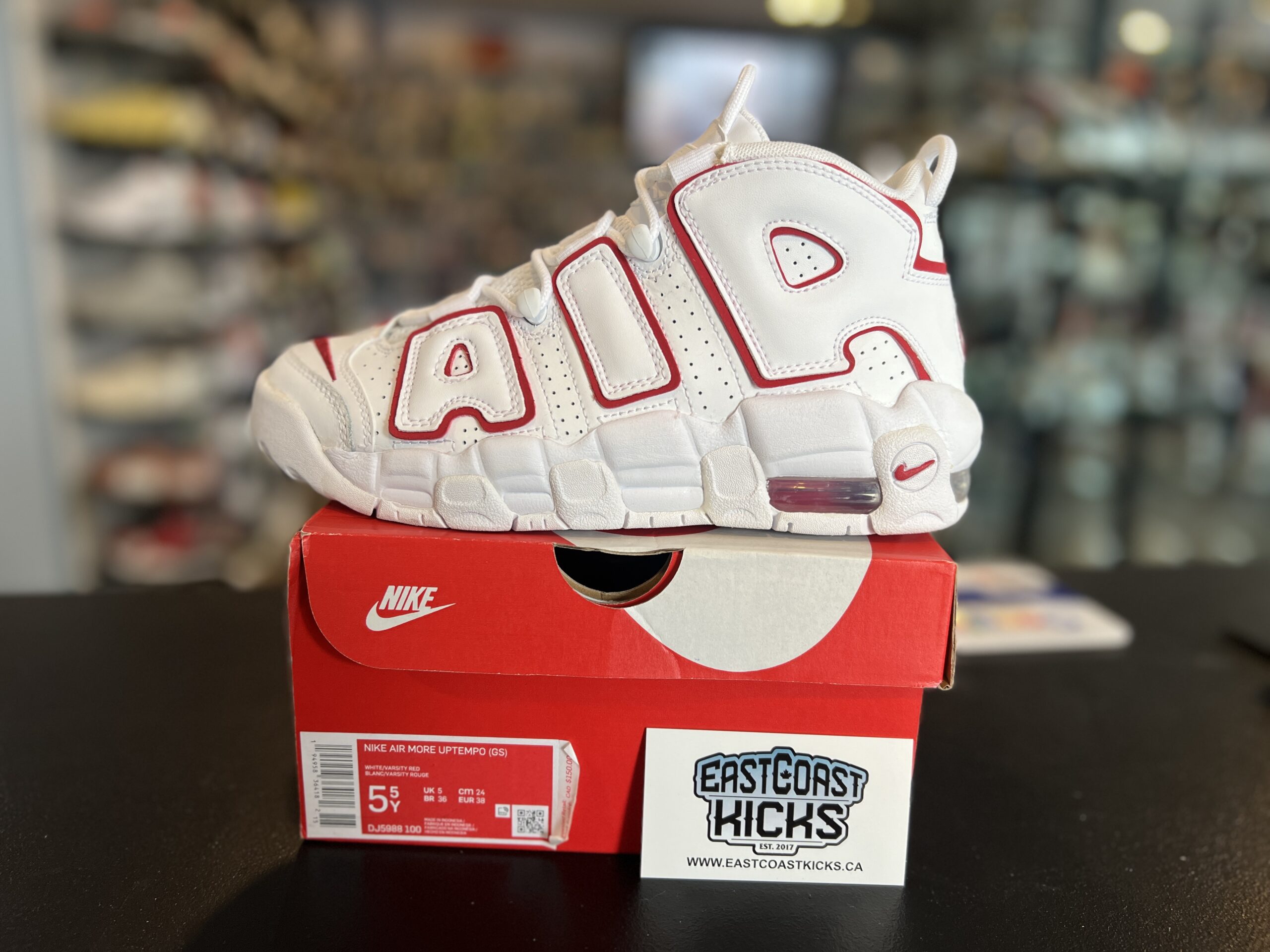 Preowned Nike Air More Uptempo White Varsity Red Outline Size 5.5Y
