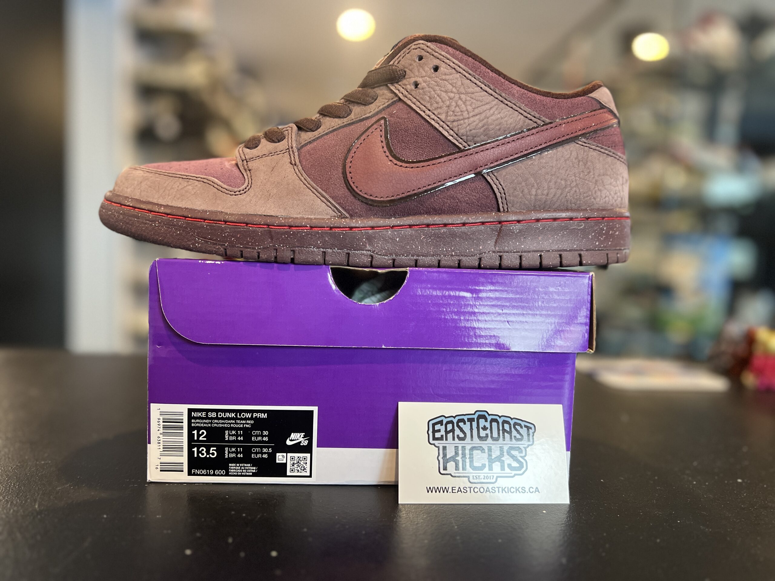 Preowned Nike SB Dunk Low City of Love Burgundy Crush Size 12