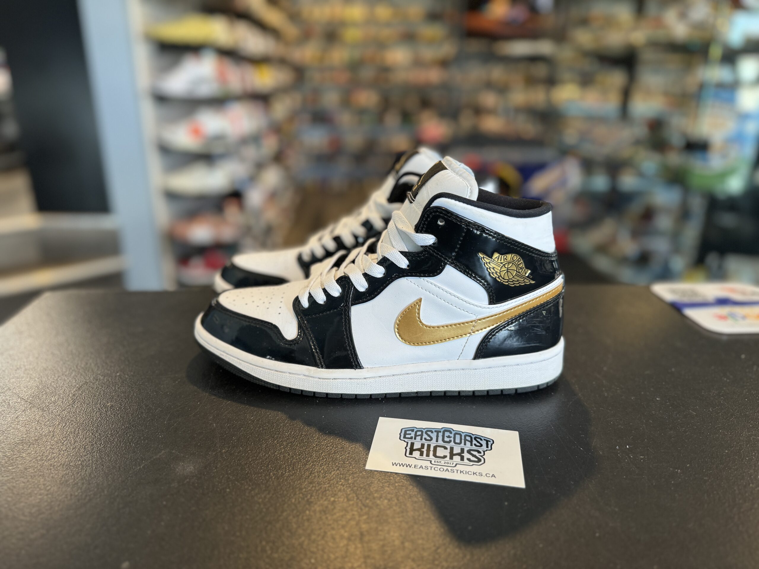 Preowned Jordan 1 Mid Patent Black White Gold Size 8.5