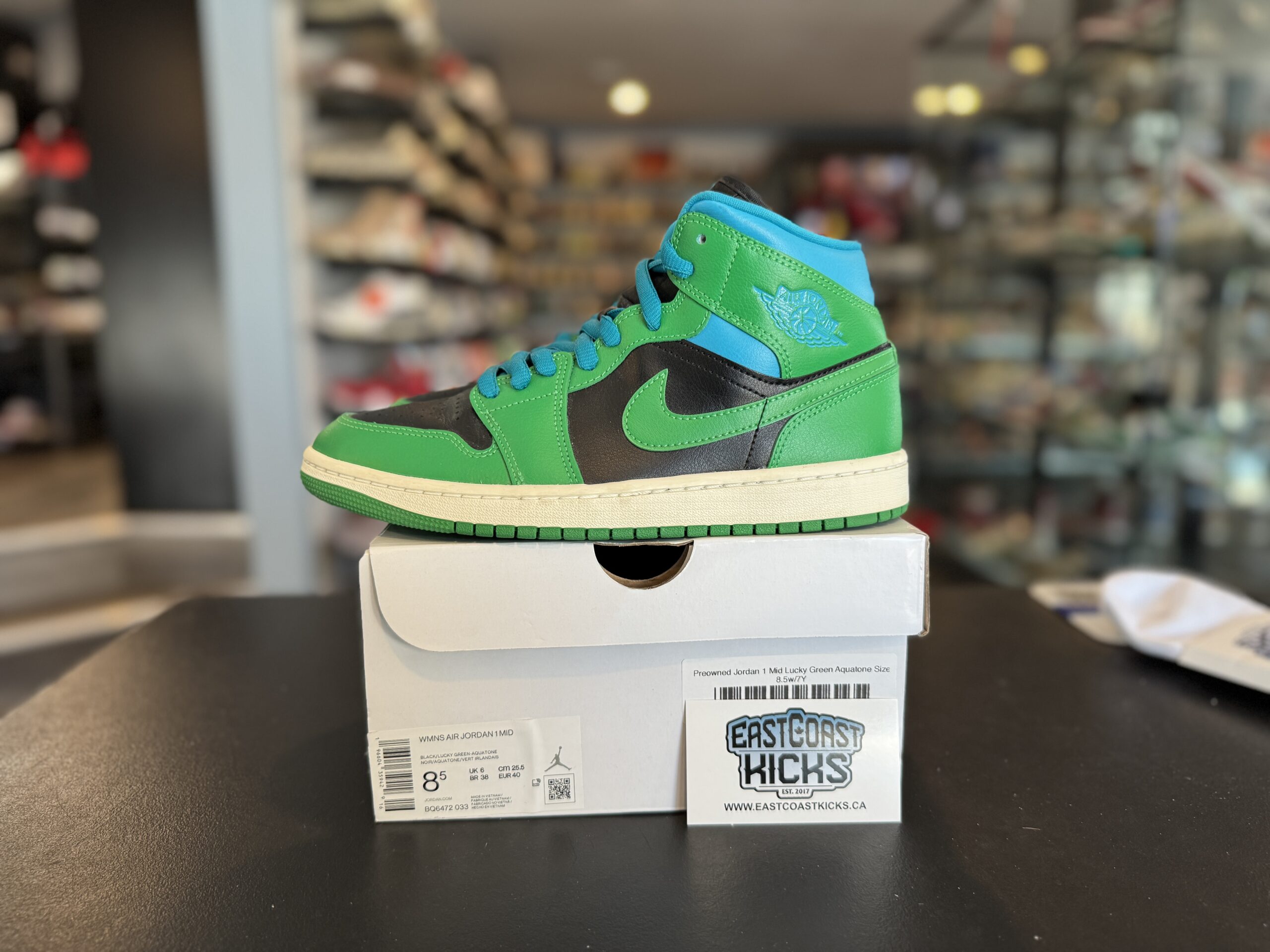 Preowned Jordan 1 Mid Lucky Green Aquatone Size 8.5W / 7Y