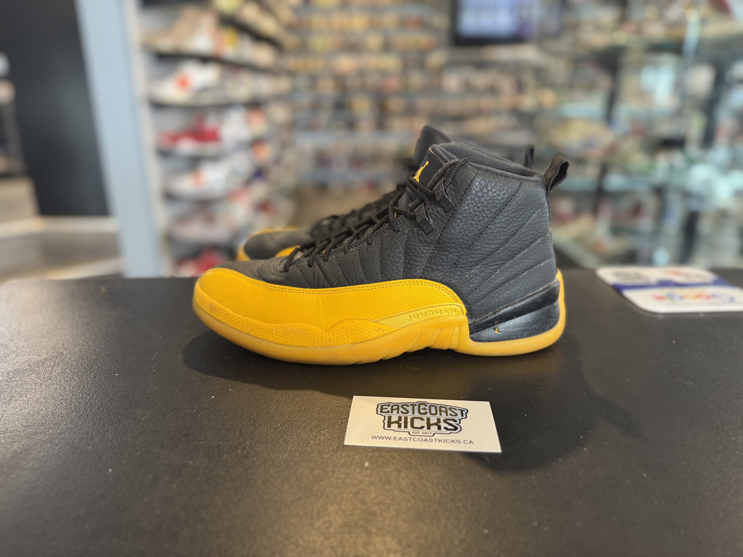 Preowned Jordan 12 Black University Gold Size 9.5