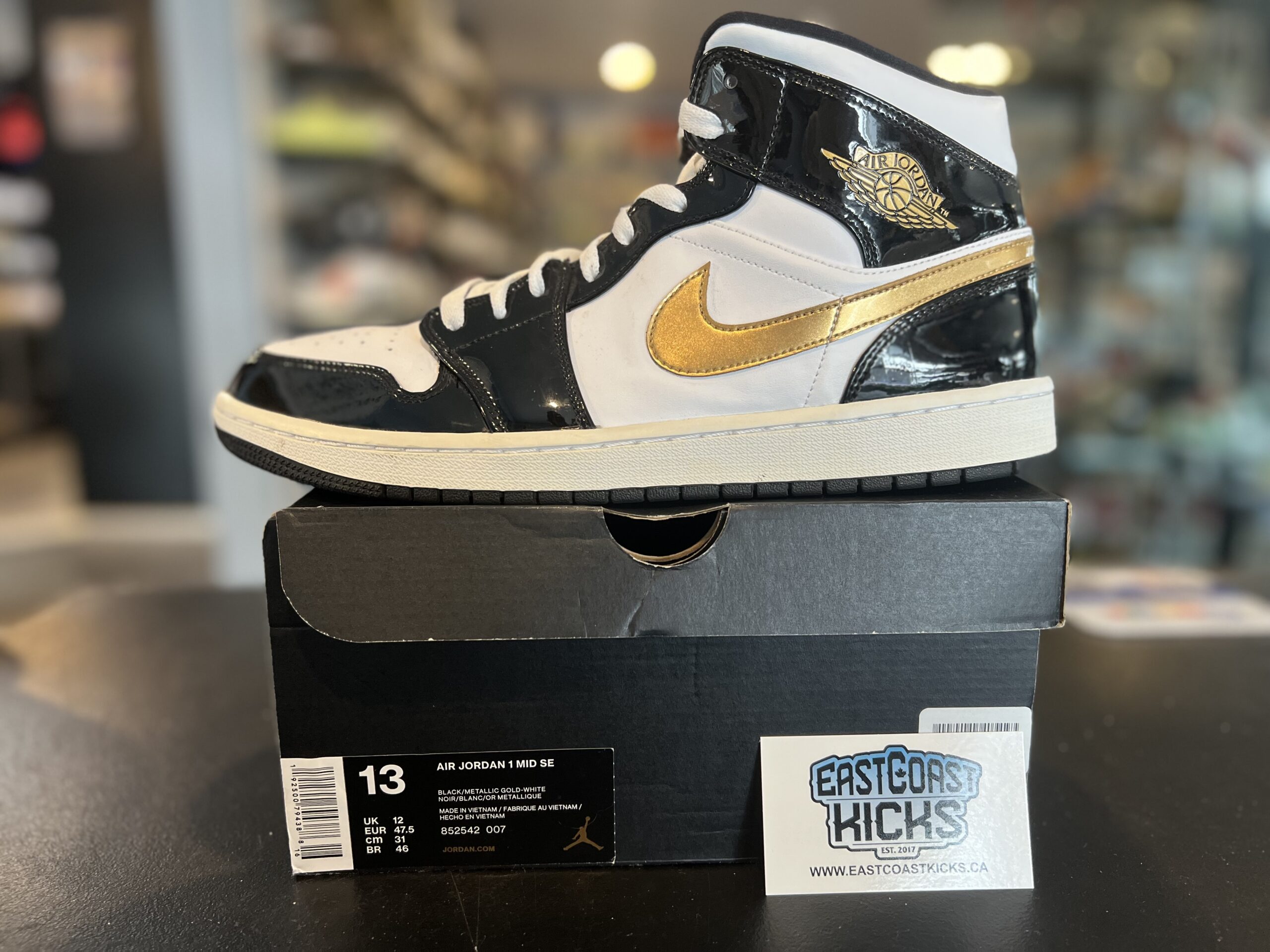 Preowned Jordan 1 Mid Patent Black White Gold Size 13