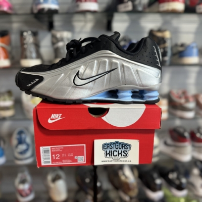 Preowned Nike Shox R4 Metallic Silver Black Psychic Blue Size 12
