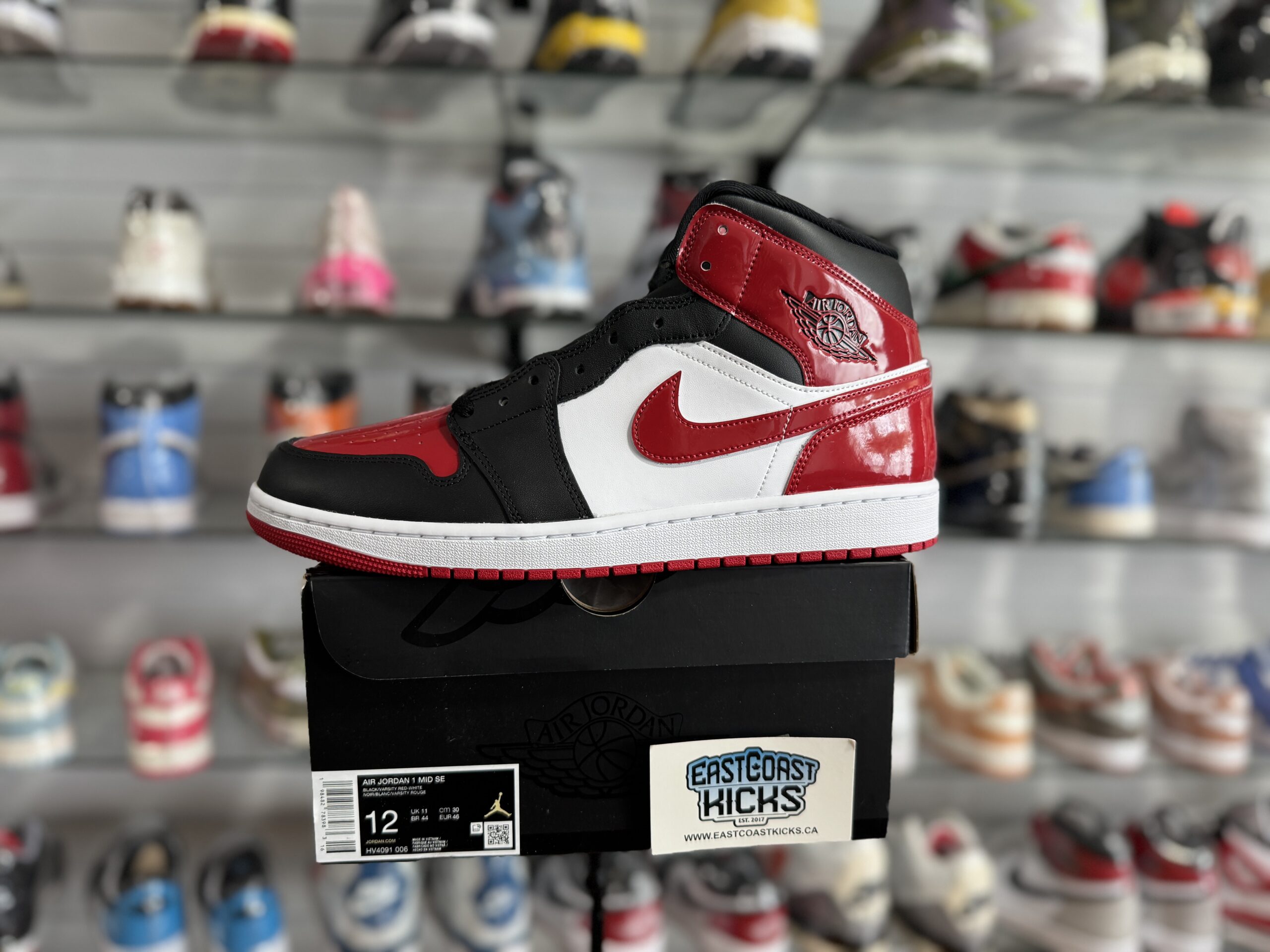 Jordan 1 Mid SE Patent Bred Toe Size 12